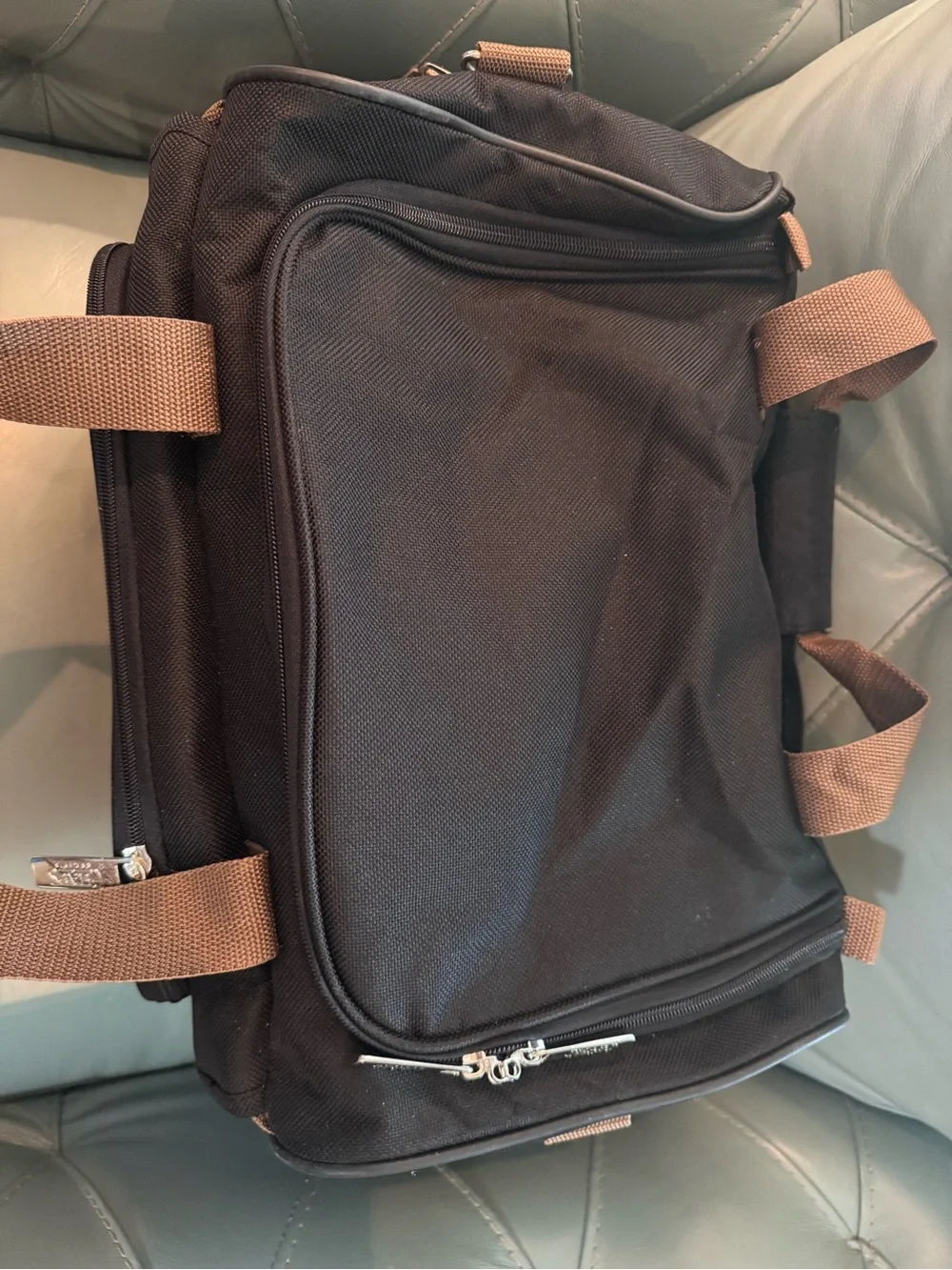 Chaps Black Duffel Bag with Tan Trim shoulder strap and double handle